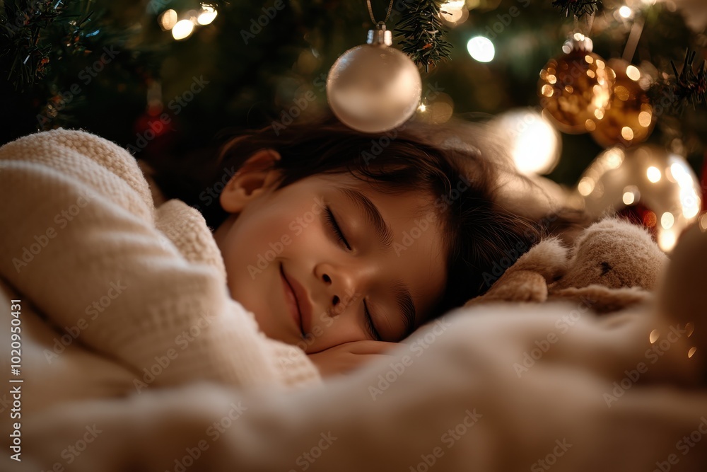 A child snuggles with a teddy under the twinkling lights of a festive Christmas tree, enveloped in warmth and joy, capturing the essence of cozy dreams.