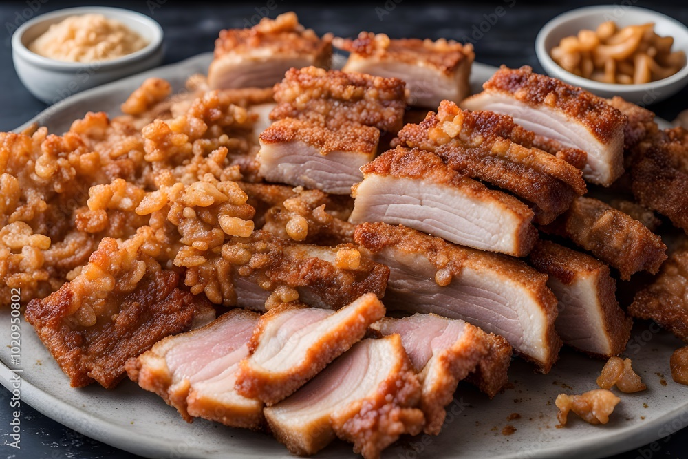 A platter of sliced crispy pork belly with a layer of crunchy crackling and tender meat, Ai Generated A platter of sliced crispy pork belly with a layer of crunchy crackling and tender meat, Ai Generated