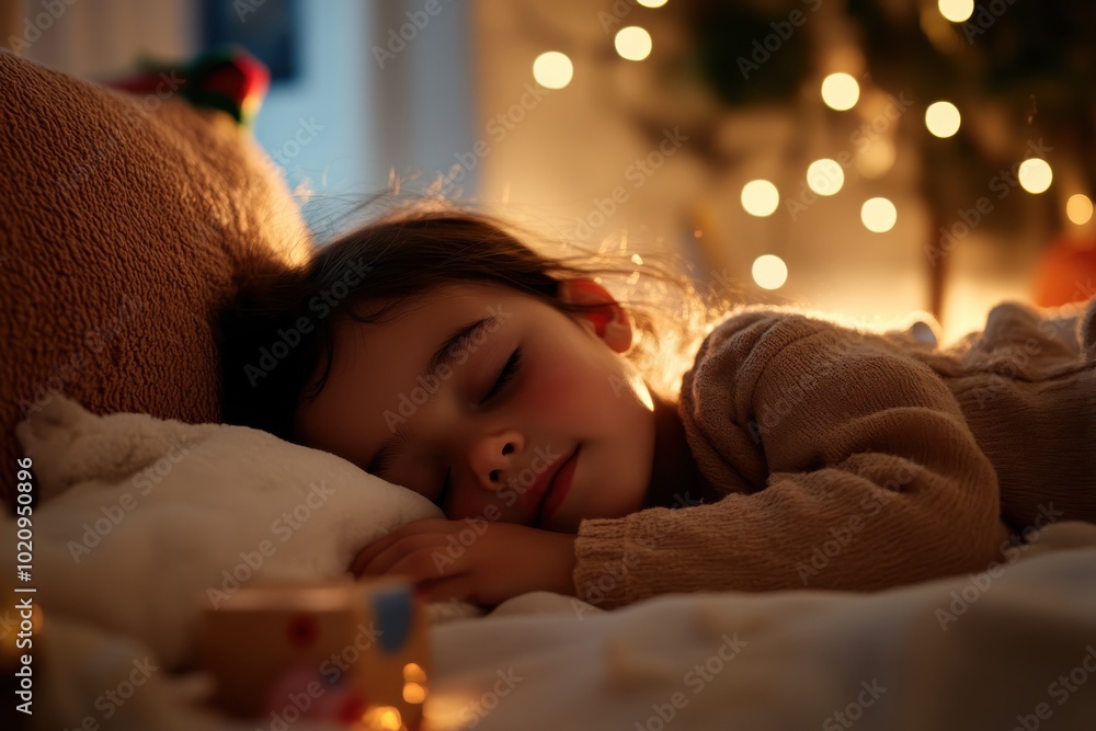 The image showcases a young girl resting in a cozy setting, surrounded by the glow of holiday lights, exuding warmth, comfort, and festive cheer.