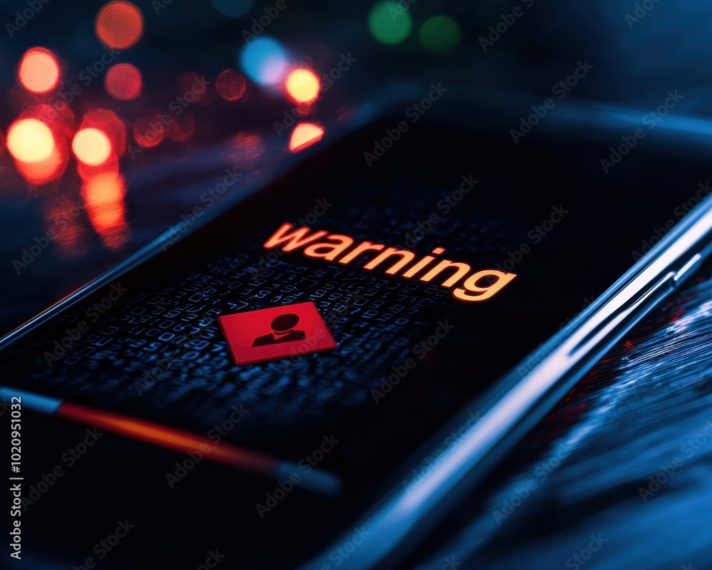 A smartphone displays a warning message against a dark, illuminated background, indicating a potential security threat. A smartphone displays a warning message against a dark, illuminated background, indicating a potential security threat.