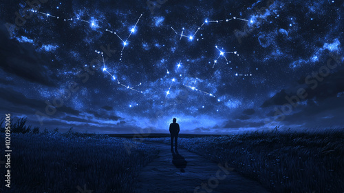Silhouette of a Man Walking on a Path Under a Starry Night Sky with Constellations