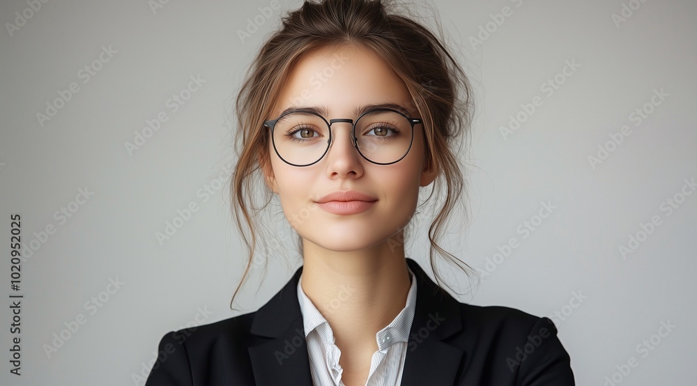 Confident 20s woman, smiling female model wearing glasses looking at camera in stylish business attire isolated on white background. Optics specs eyewear ads. Confident 20s woman, smiling female model wearing glasses looking at camera in stylish business attire isolated on white background. Optics specs eyewear ads.