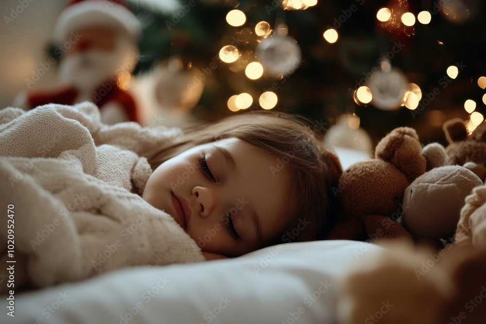 A content child napping amidst festive decorations with twinkling lights in the background, evoking warmth, innocence, and the spirit of Christmas. A content child napping amidst festive decorations with twinkling lights in the background, evoking warmth, innocence, and the spirit of Christmas.