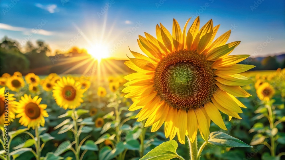 A vibrant sunflower with a golden glow basking in the warm rays of a setting sun, surrounded by a field of sunflowers and a hazy blue sky A vibrant sunflower with a golden glow basking in the warm rays of a setting sun, surrounded by a field of sunflowers and a hazy blue sky