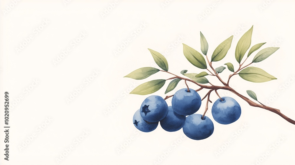 Fresh Blueberries on a Branch with Green Leaves Fresh Blueberries on a Branch with Green Leaves