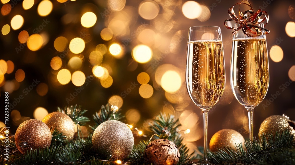 Champagne glasses with Christmas decorations and festive bokeh lights Champagne glasses with Christmas decorations and festive bokeh lights