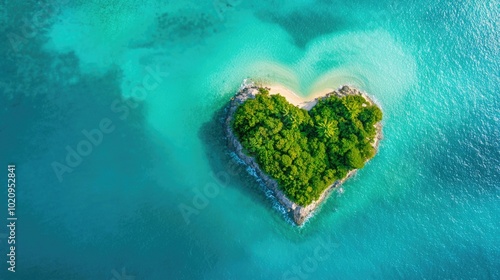 An island in the ocean with heart-shaped palm trees, top view