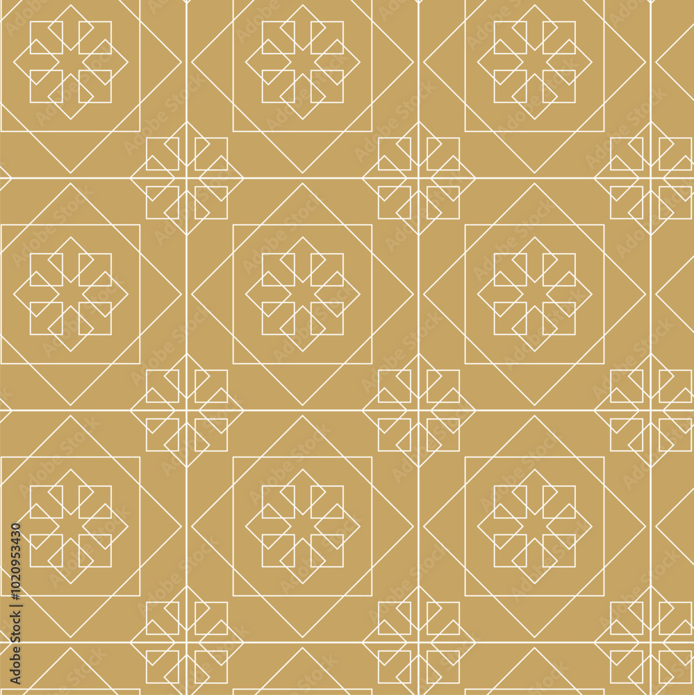 Fototapeta premium Abstract geometric pattern with crosses, stripes, lines. Seamless vector background. White and gold ornament. Modern reticulated graphic design.