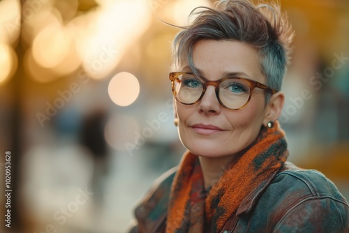 A non-binary, person with glasses and a short haircut is smiling. She is wearing an orange scarf and a jacket