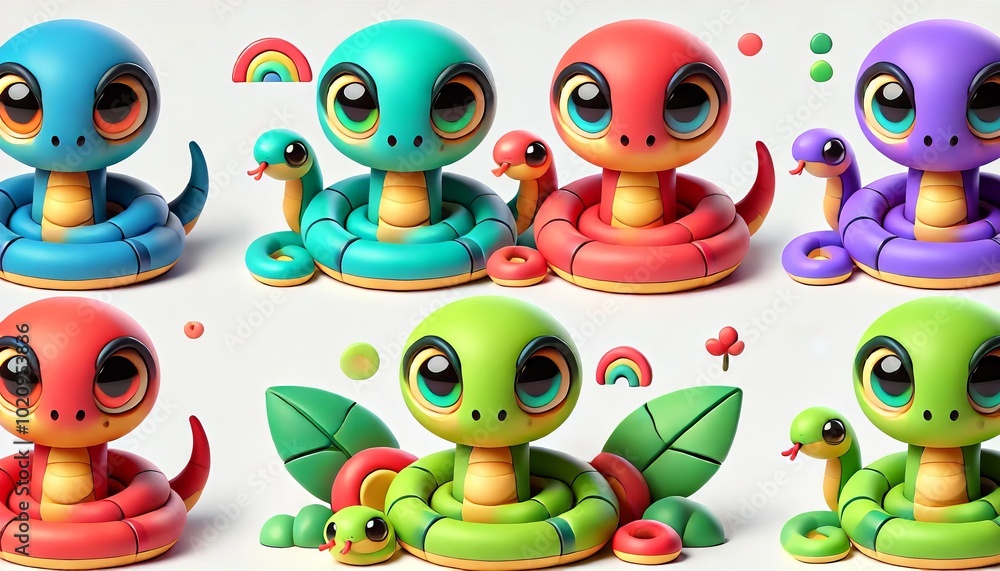 Fototapeta premium Cute Cartoon Snake Character Collection 3D Rendered