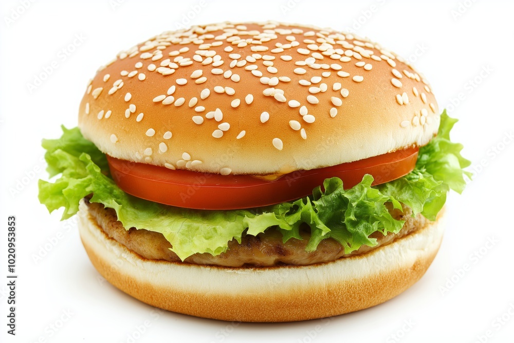 A hamburger with lettuce and tomato on a white background. The hamburger is large and has a lot of toppings A hamburger with lettuce and tomato on a white background. The hamburger is large and has a lot of toppings
