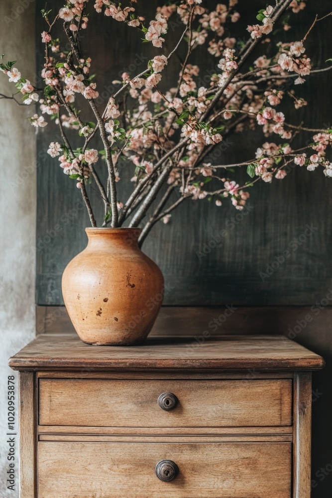 A vase with flowers sits on top of a dresser, a simple yet elegant arrangement A vase with flowers sits on top of a dresser, a simple yet elegant arrangement