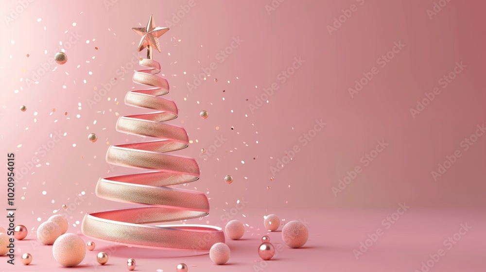 A modern stylized Christmas tree made of ribbon with a star on top, set against a soft pink background adorned with festive balls and confetti. A modern stylized Christmas tree made of ribbon with a star on top, set against a soft pink background adorned with festive balls and confetti.