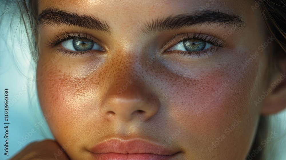 Fototapeta premium A close-up shot of a woman's face featuring freckles
