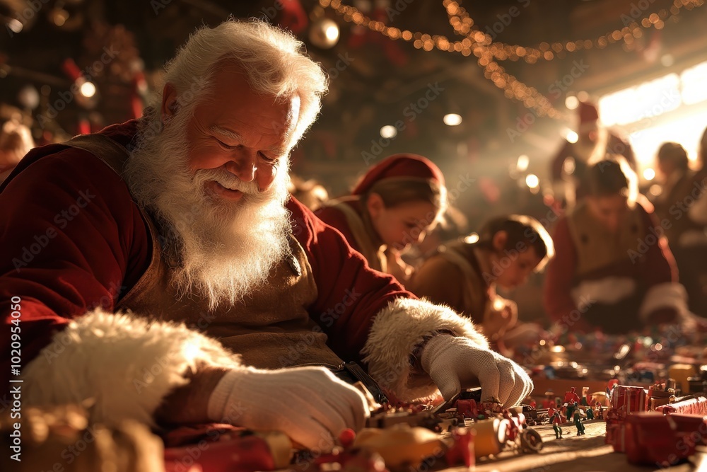 Santa Claus meticulously crafts and shapes toys in his lively workshop, capturing the essence of Christmas's giving spirit and artistic craftsmanship. Santa Claus meticulously crafts and shapes toys in his lively workshop, capturing the essence of Christmas's giving spirit and artistic craftsmanship.
