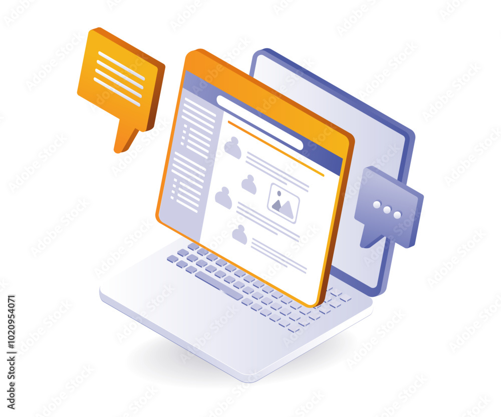 Computer social media marketing technology isometric illustration Computer social media marketing technology isometric illustration