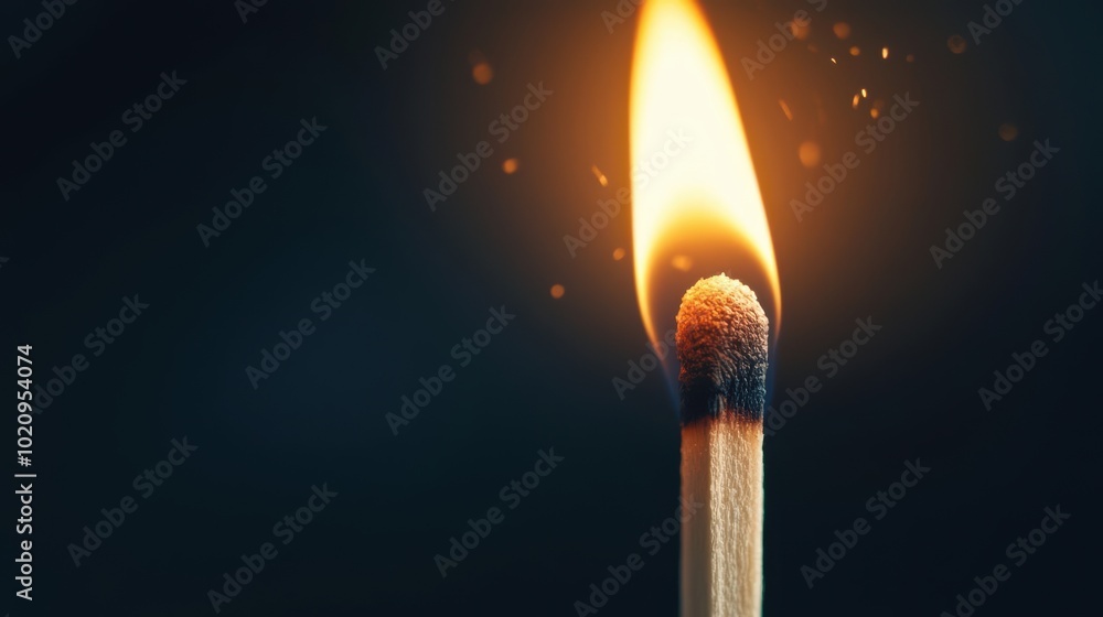 Close-up of a matchstick ignited with a bright flame against a dark background. Close-up of a matchstick ignited with a bright flame against a dark background.