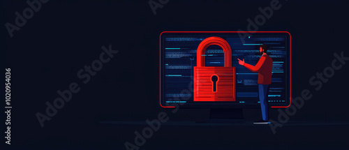 Conceptual illustration of cybersecurity featuring a person interacting with a digital padlock on a computer screen. photo