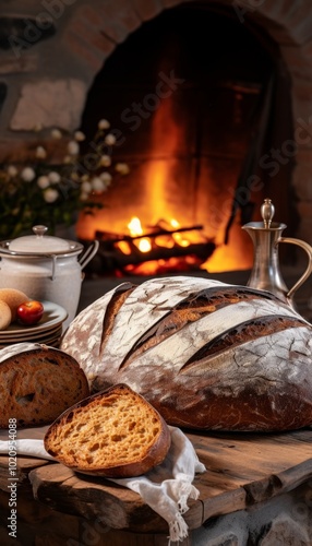 Freshly baked bread on a rustic kitchen counter evoking warmth and comfort in culinary art