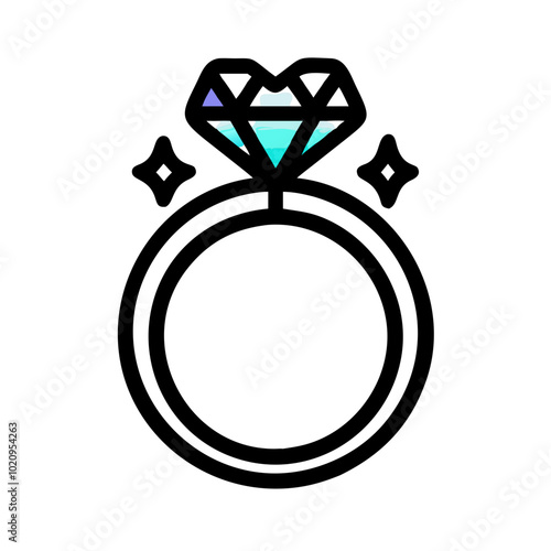 Engagement ring icon featuring a refined black outline, depicting a classic solitaire ring with a prominent diamond sitting atop a polished band, symbolizing love and commitment, perfect for wedding.