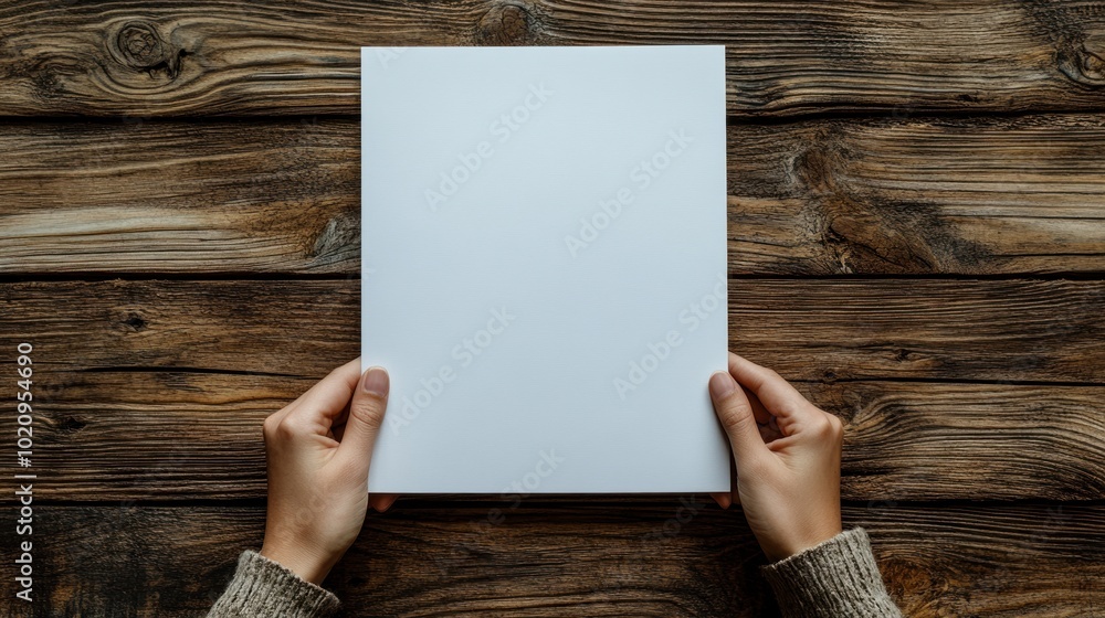 Hands holding a blank sheet of paper on a wooden surface. Hands holding a blank sheet of paper on a wooden surface.
