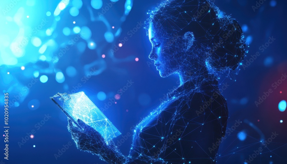 Fototapeta premium A Wireframe Woman Using a Digital Tablet in a Digital World
