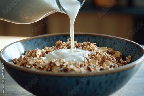 A bowl of cereal being filled with milk photo