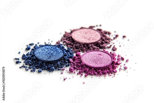 Close-up of three different colored eyeshadows on a white surface, ideal for beauty and makeup tutorials