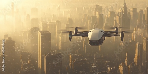 Fototapeta Naklejka Na Ścianę i Meble -  A small airplane flies over the skyline of a bustling city with tall buildings and streets below