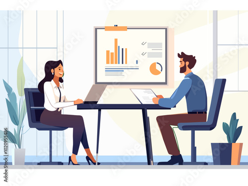 Business meeting with businessman businesswoman with report on a whiteboard, office coworker conference workplace vector illustration