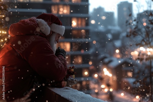 Santa leans onto a balcony covered in snow, clutching gifts while admiring the mood-lit city in the distance, evoking warmth and giving during this chilly season. photo