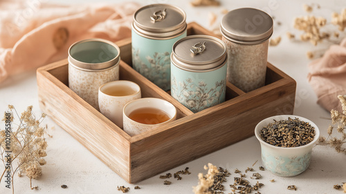 Charming tea lover’s gift set in a rustic wooden box, featuring decorative tins of loose leaf teas, delicate porcelain teacups, and a stainless steel infuser, surrounded by dried flowers for a cozy