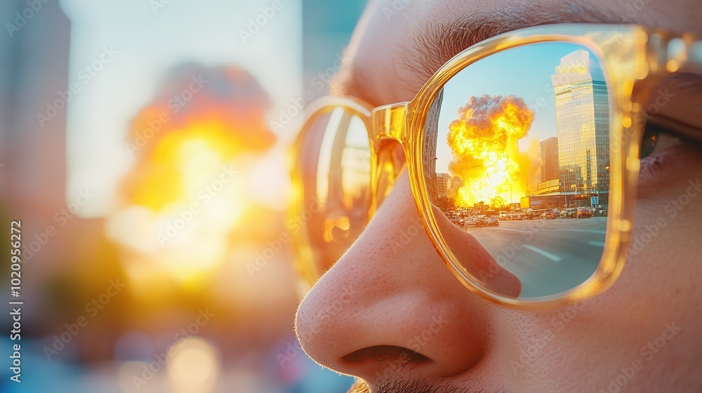A city skyline reflected in sunglasses as a massive explosion and mushroom cloud dominate the scene, symbolizes war, destruction, and chaos, capturing an apocalyptic vision of urban devastation A city skyline reflected in sunglasses as a massive explosion and mushroom cloud dominate the scene, symbolizes war, destruction, and chaos, capturing an apocalyptic vision of urban devastation
