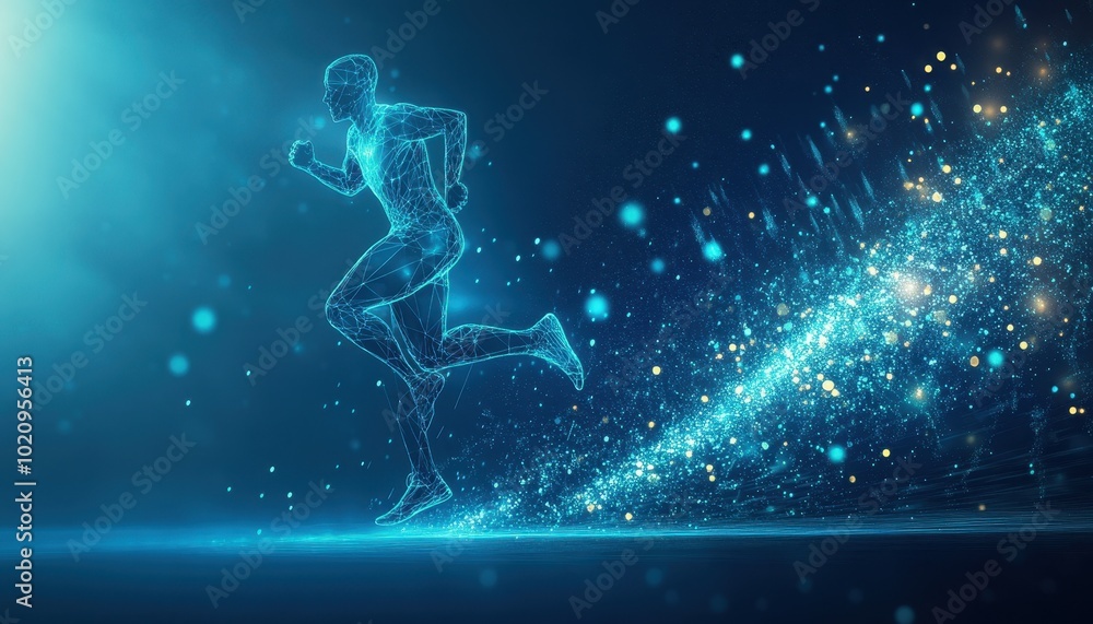 Wireframe Human Figure Running Through a Stream of Light Particles Wireframe Human Figure Running Through a Stream of Light Particles