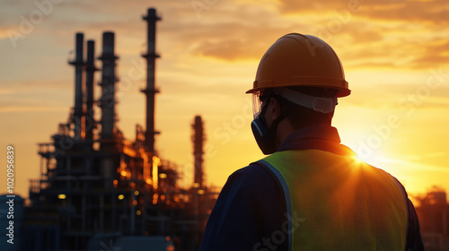 Lone Worker at Sunset in Industrial Setting