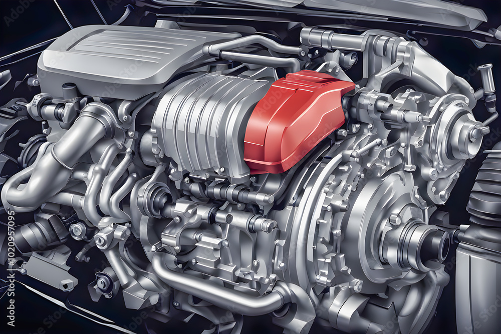 illustration of Engine of a modern car, closeup on detail parts. illustration of Engine of a modern car, closeup on detail parts.