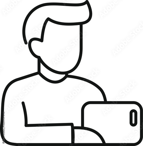 Simple, modern line icon of a man holding and using a smartphone