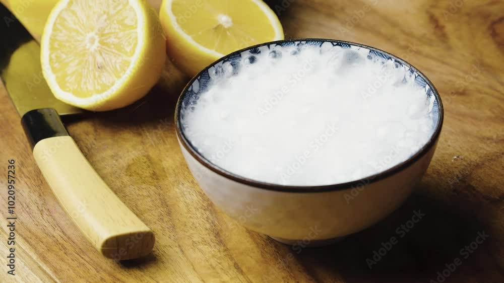 pouring baking soda into citric acid mixture, fizzing and bubbling, effervescent effect pouring baking soda into citric acid mixture, fizzing and bubbling, effervescent effect