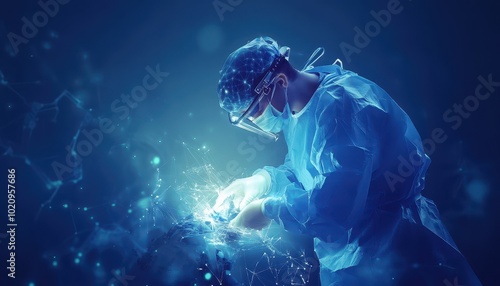 Surgeon Performing Surgery with Abstract Digital Network Overlay