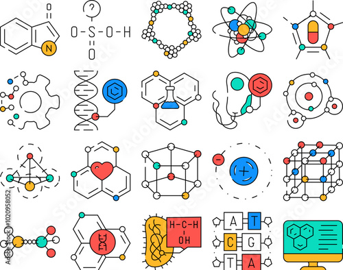 molecule chemistry science icons set vector. medical research, atom biology, structure molecular, medicine laboratory, scientific molecule chemistry science color Contour Illustrations