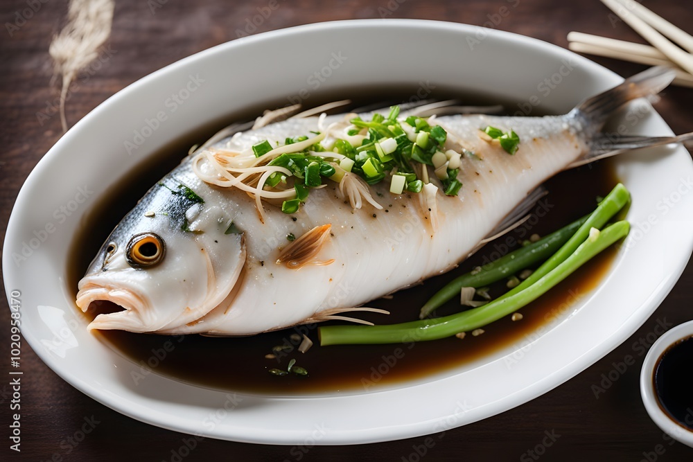 Freshly steamed chinese fish whole with soy sauce ginger and scallions drizzled on top, Ai Generated Freshly steamed chinese fish whole with soy sauce ginger and scallions drizzled on top, Ai Generated