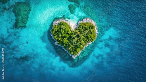 An island in the ocean with heart-shaped palm trees, top view photo