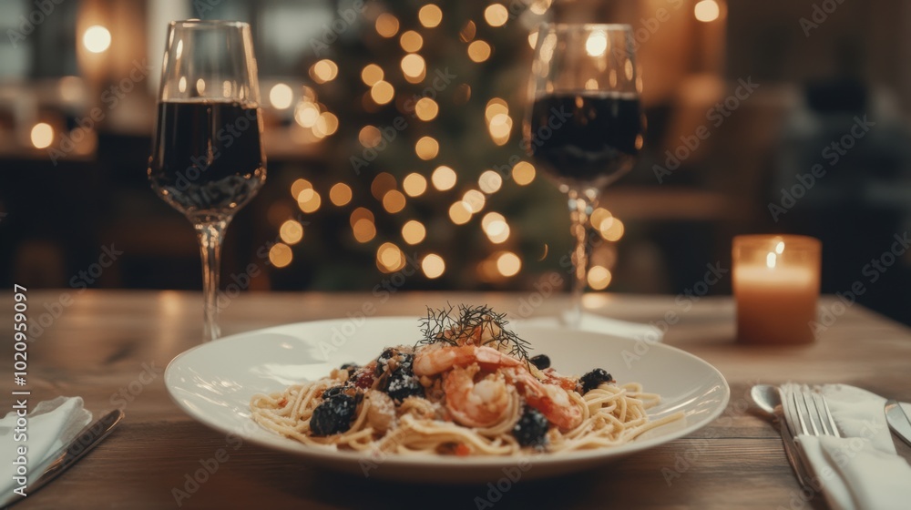 A plate of pasta with shrimp and olives on a table A plate of pasta with shrimp and olives on a table