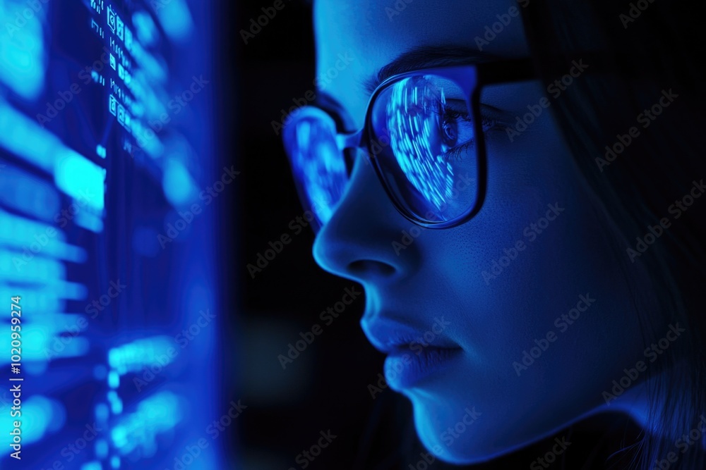 A woman wearing glasses sits in front of a computer screen, focusing on the display A woman wearing glasses sits in front of a computer screen, focusing on the display