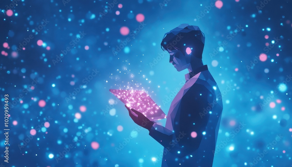 A Silhouette of a Person Holding a Glowing Book in a Blue and Pink Bokeh Background A Silhouette of a Person Holding a Glowing Book in a Blue and Pink Bokeh Background