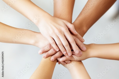 A group of people forming a human chain by placing their hands on each other's shoulders, conveying unity and solidarity photo