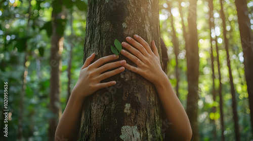 Nature lover hugging a trunk tree with green moss in tropical woods forest. Green natural background. Concept of people loving nature and protecting from deforestation or pollution or climate 
