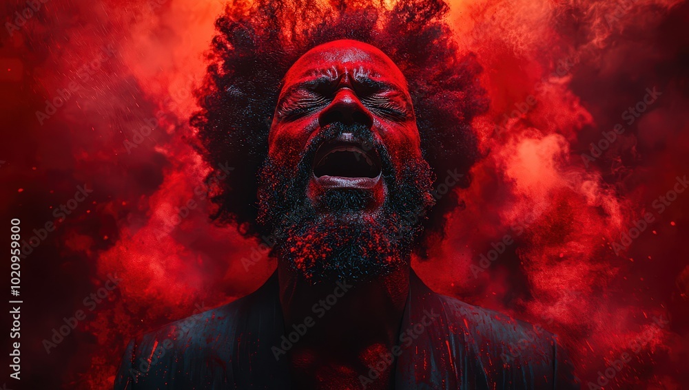 Portrait of a screaming Black man with a beard and afro, created using a red powder paint explosion Portrait of a screaming Black man with a beard and afro, created using a red powder paint explosion
