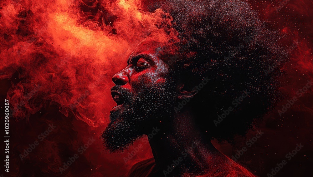 Portrait of a screaming Black man with a beard and afro, created using a red powder paint explosion Portrait of a screaming Black man with a beard and afro, created using a red powder paint explosion