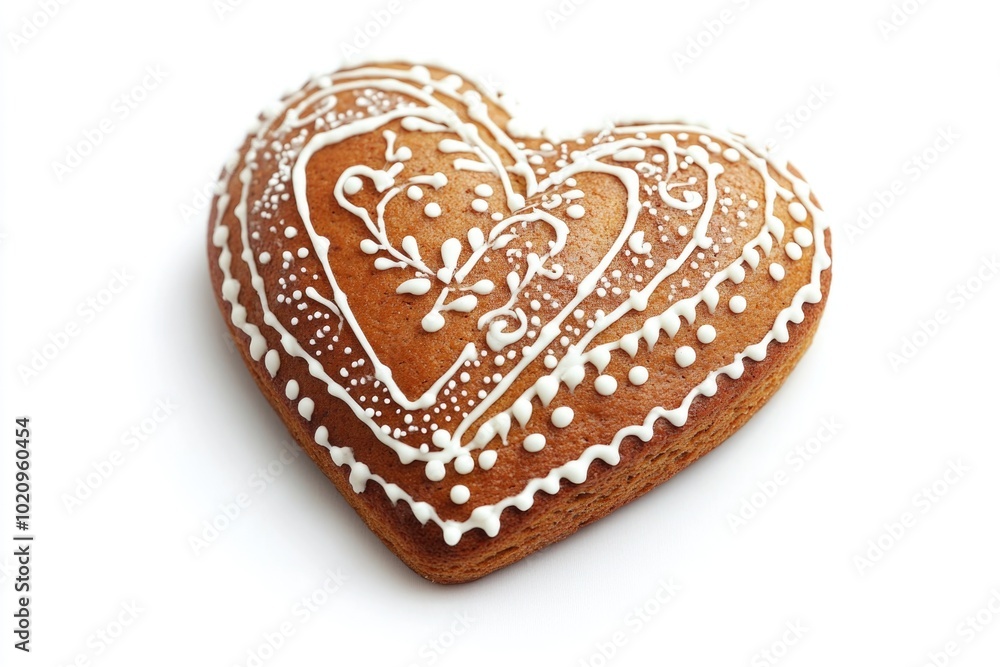 Obraz premium Freshly baked ginger heart shaped cookie on a white background, perfect for food photography or as an illustration